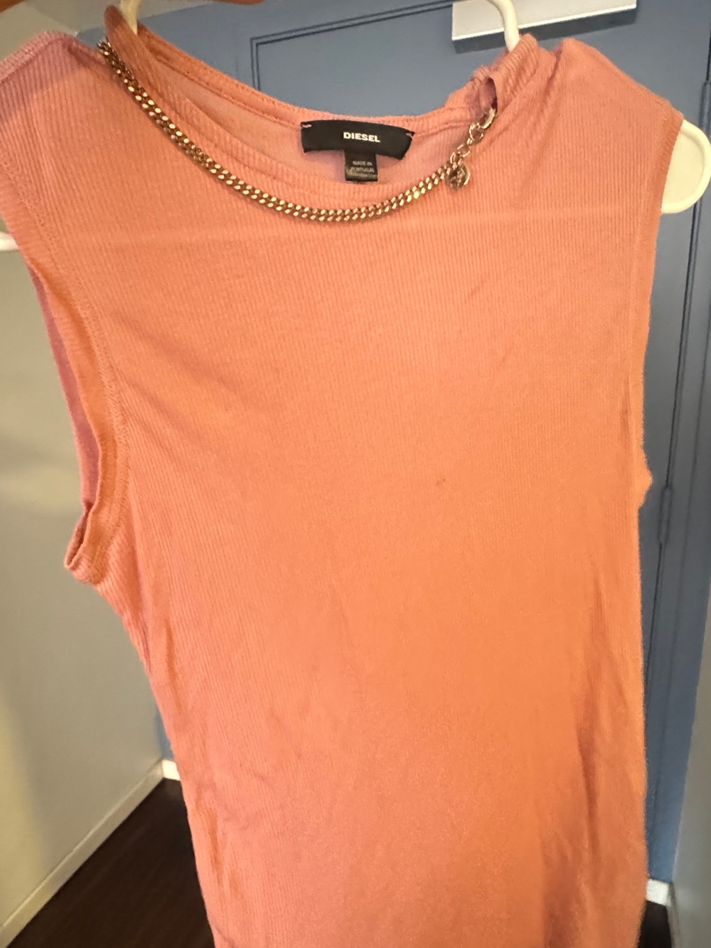 Diesel Pink Ribbed Tee with Silver Chain Accent